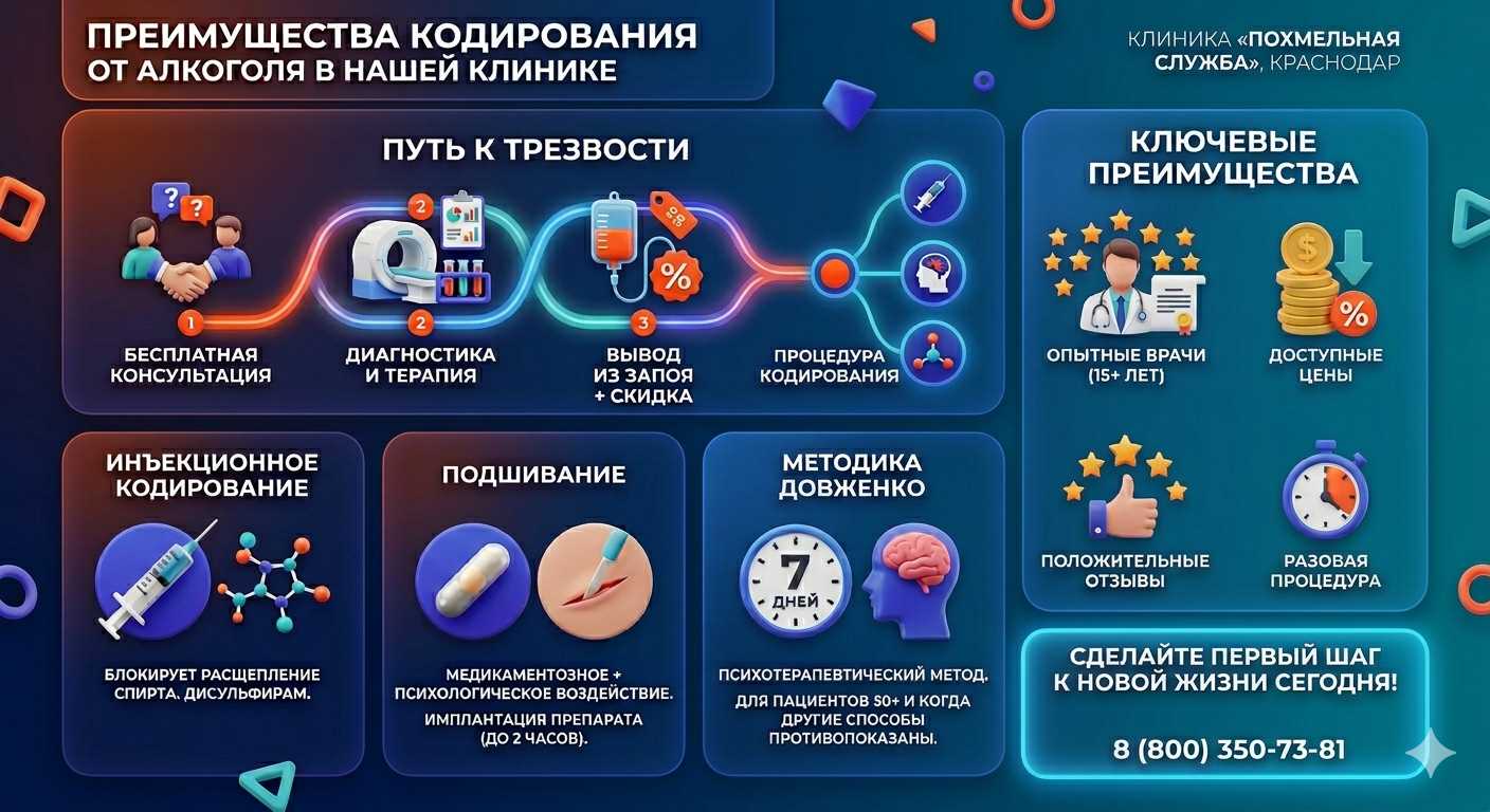 Инфографика о методах кодирования от алкоголя в Лакинске: инъекции, подшивание, метод Довженко. Преимущества клиники и этапы лечения.